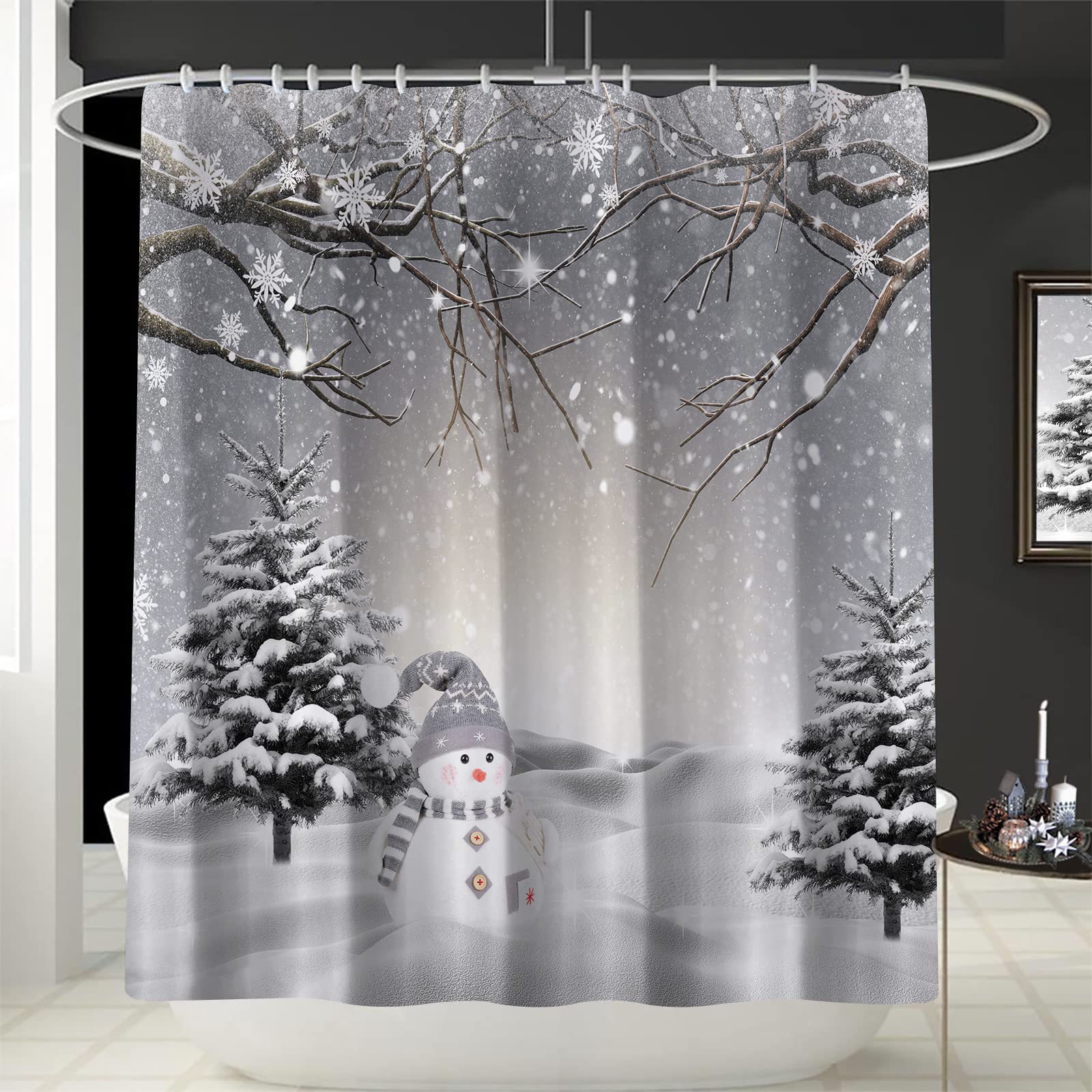 GOOESING Winter Christmas Shower Curtain, Cute Snowman Snowflake Scene Shower Curtains for Bathroom, Pine Tree Covered Snow Fabric Bath Curtains Set with Hooks