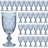 Wiwiqing 48 Pcs Plastic Goblets 7.5oz Vintage Goblet Plastic Wine Glasses Colored Retro Embossed Water Goblets for Wine Bar Juice Baby Shower Wedding Reception Grand Event Party (Blue)