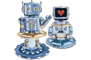 GRULLIN Watercolor Blue Retro Robot Cupcake Stand Set, Metallic Steampunk Robot Dessert Tower Holders Birthday Decorations, S