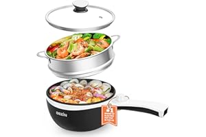 Dezin Hot Pot Electric with Steamer Upgraded, Non-Stick Sauté Pan, Rapid Noodles Electric Pot, 1.5L Mini Pot for Steak, Egg, Fried Rice, Ramen, Oatmeal, Soup with Power Adjustment (Egg Rack Included)