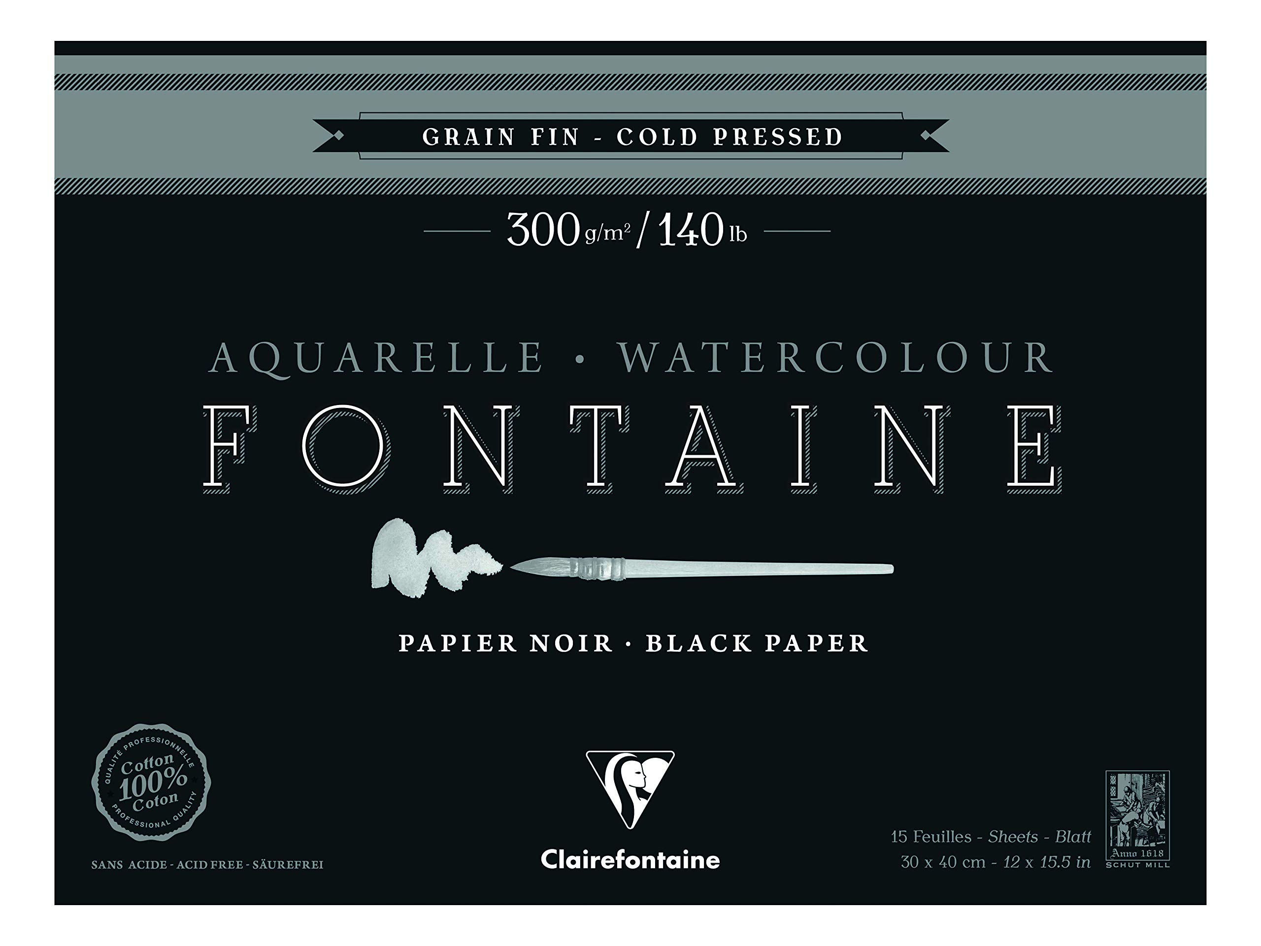 Clairefontaine - Ref 975305C - Fontaine Cold Pressed Black Watercolour Pad (15 Sheets) - 30 x 40cm Size, 300gsm Paper - Suitable for Watercolour Artwork