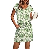 OFEEFAN Summer Dresses for Women 2026 V Neck T Shirt Casual Mini Dresses Tie Waist Sundresses with Pockets