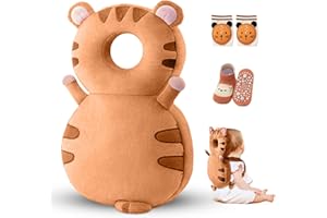 HippoBaby Baby Head Protector Backpack – Toddler Safety Cushion for Crawling & Walking – Infant Fall Protection Pillow with Adjustable Straps – Comes with Knee Pads & Non-Slip Baby Socks (Tiger)