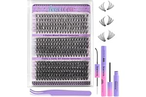 leocwen Fluffy Lash Clusters Kit - 300 Clusters (30D/40D/50D) 5 Lengths 10-18mm with 3 Tools: Lash Bond & Seal, Remover, Twee