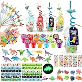 MOVINPE Dinosaur Party Favors Personalize Goody Cups with Gift Tags, Filled with Dinosaur Themed Reusable Straws Stampers Luminous Dinos Figure Slap Bracelets Keychains Rings 3D Stickers for Kids