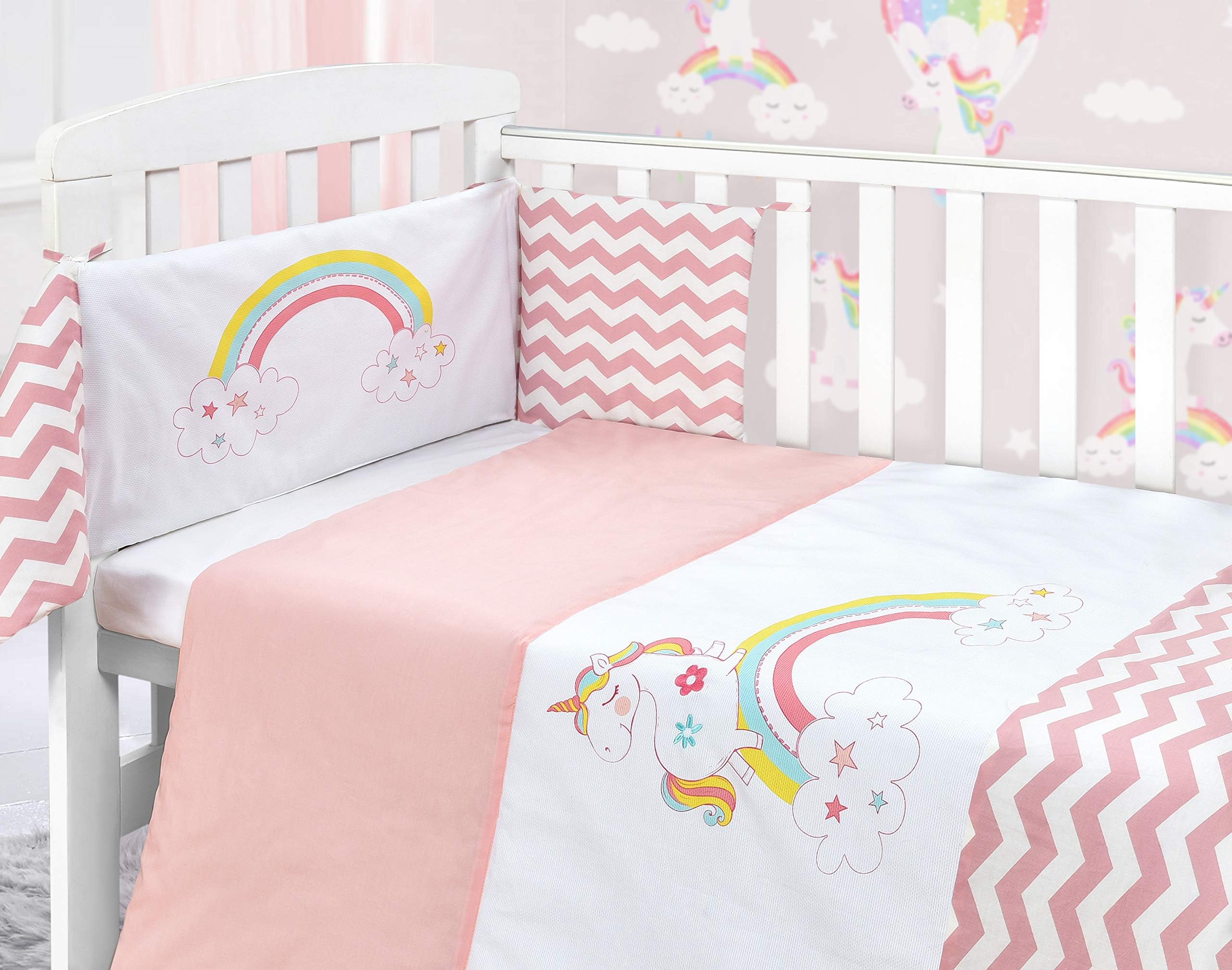 Baby Nursery Girl Pink Rainbow Unicorn Cotton 2 Piece Cot Bedding Bale Set