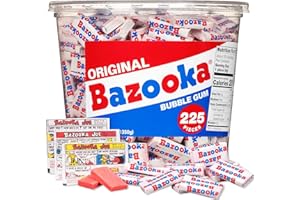 Bazooka Bubble Gum Bulk, Halloween Candy Bulk, 225 Count Tub of Chewing Gum Individually Wrapped, Old Fashioned 90's Candy for Baseball, Party Favors, Goodie Bags, Trick or Treating