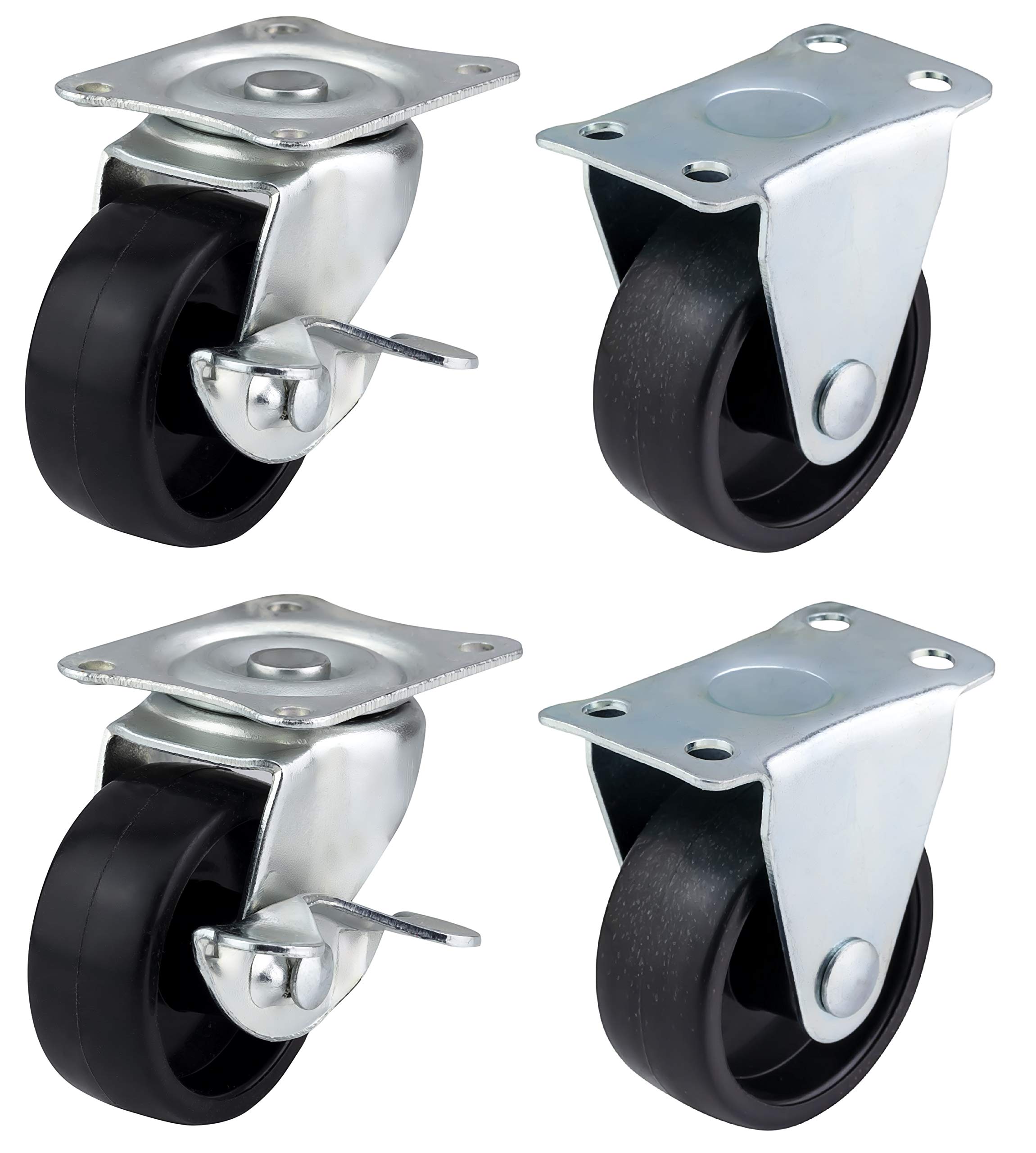 Qty. 4 x 40mm Swivel & Fixed Castors with Brakes - Furniture, Appliance & Equipment Small Black Plastic Wheels by Bulldog Castors - Max 100Kg Per Set