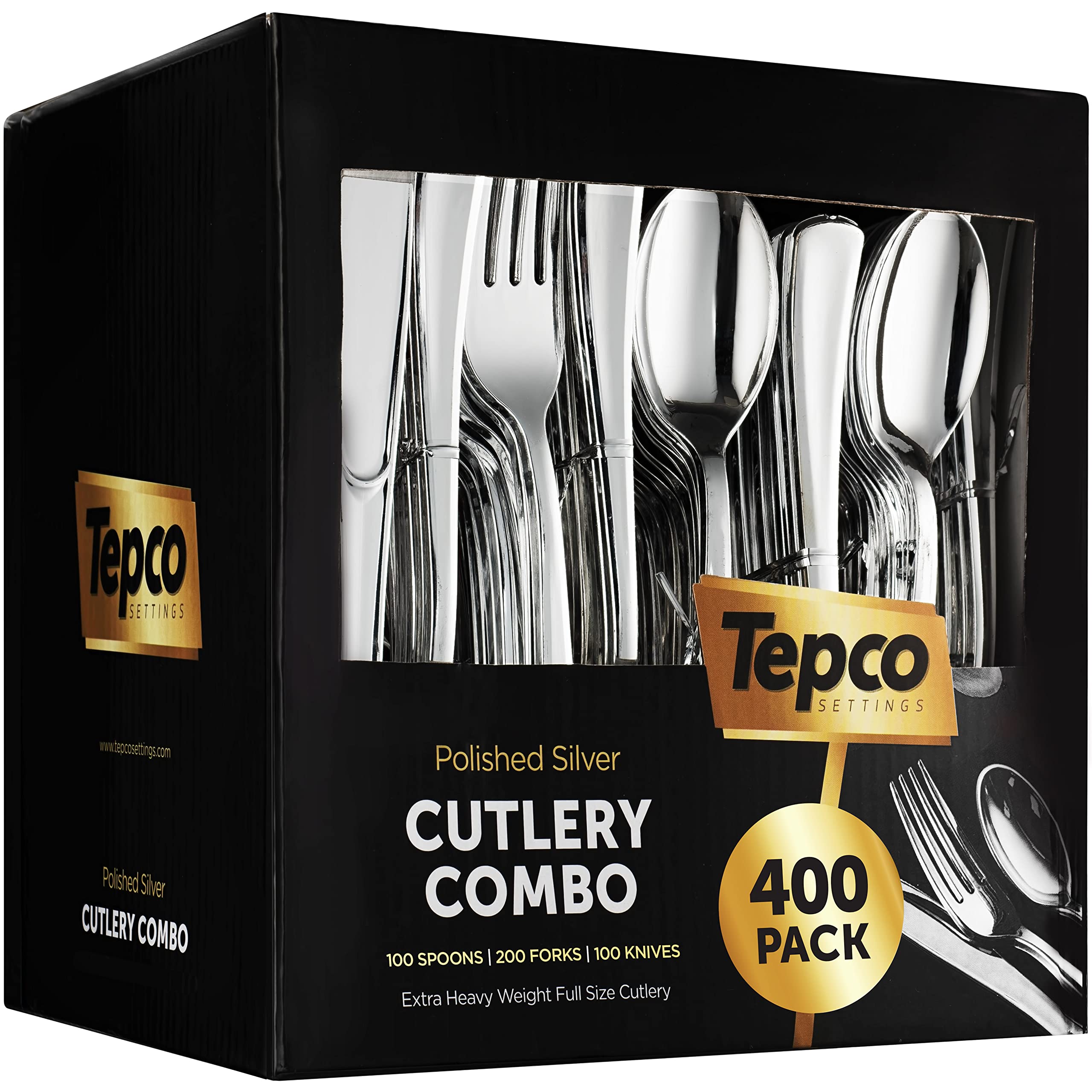 Photo 1 of 400 Plastic Silverware Set - Silver Cutlery Set - Disposable Flatware Set - 200 Forks - 100 Spoons - 100 Knives - Heavy Duty - Party Bulk