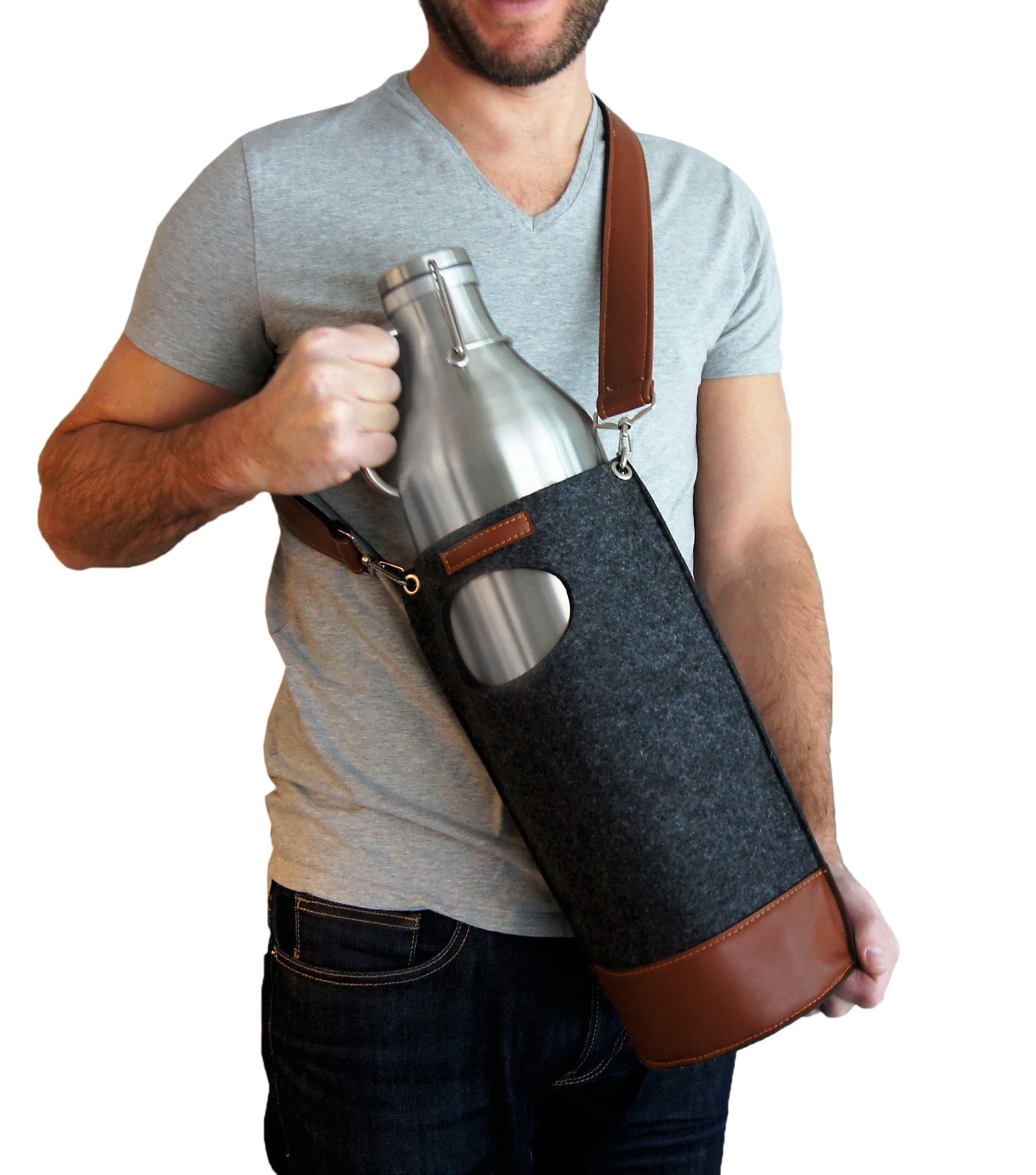 64oz Insulated Steel Beer Growler with Wool Carrying Case (stainless