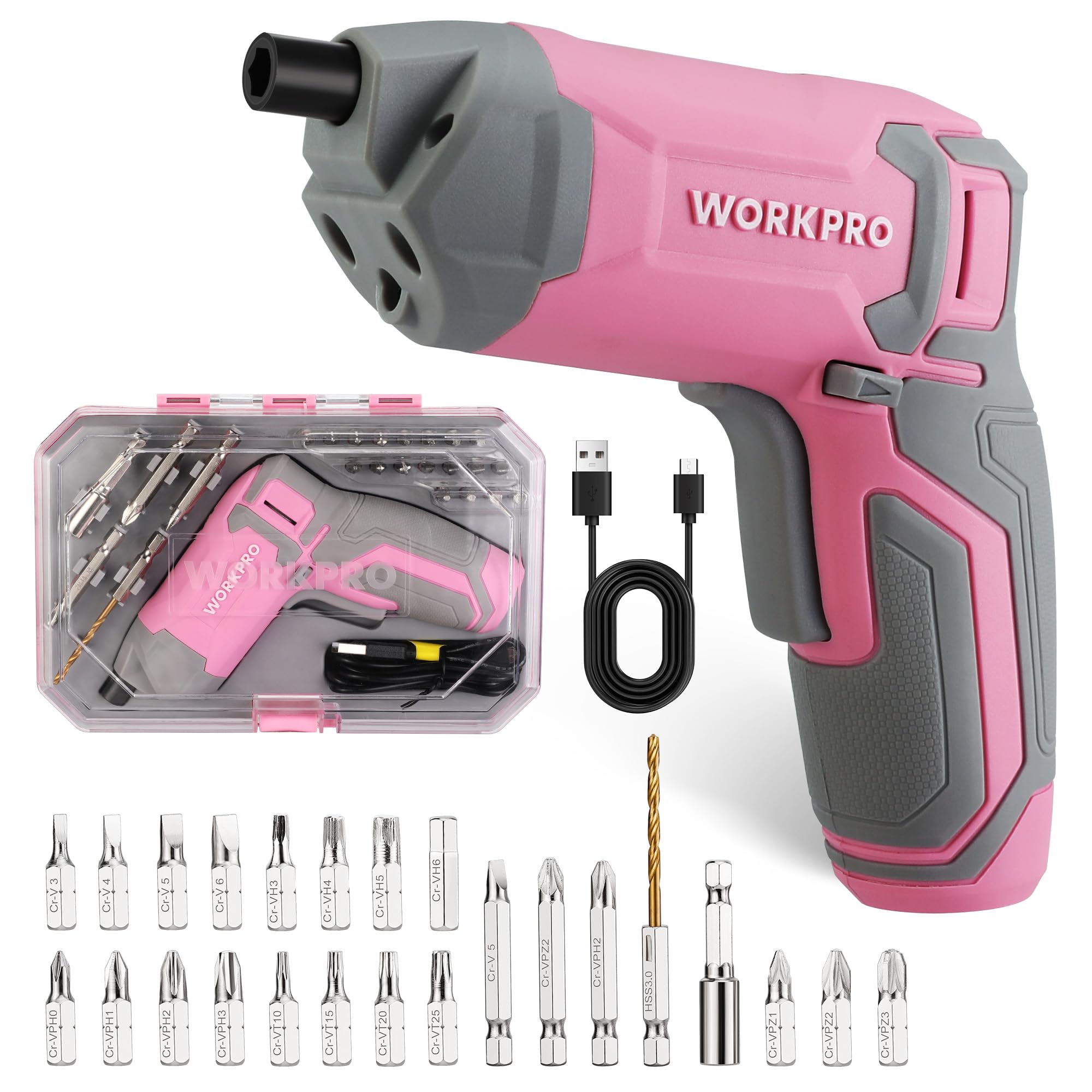 WORKPRO Powerful 3.6V Cordless Electric Eccentric Screwdriver Set with 240 RPM 7 Nm High-Torque Motor, Versatile Mini Drill with 24-Piece Bit Set, Perfect for DIY Projects and Gift
