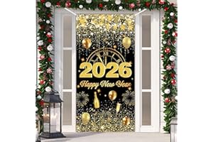 Black Gold Happy New Year 2026 Door Cover, Large 2026 NYE Front Door Banner New Year Eve Party Backdrop Decoration for Indoor