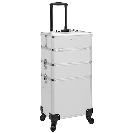 SONGMICS Trolley Kosmetikkoffer XXL Schminkkoffer Leer Friseurkoffer Rollen Größe für Gepäck Hartschale mit 2 rolls Silber JH