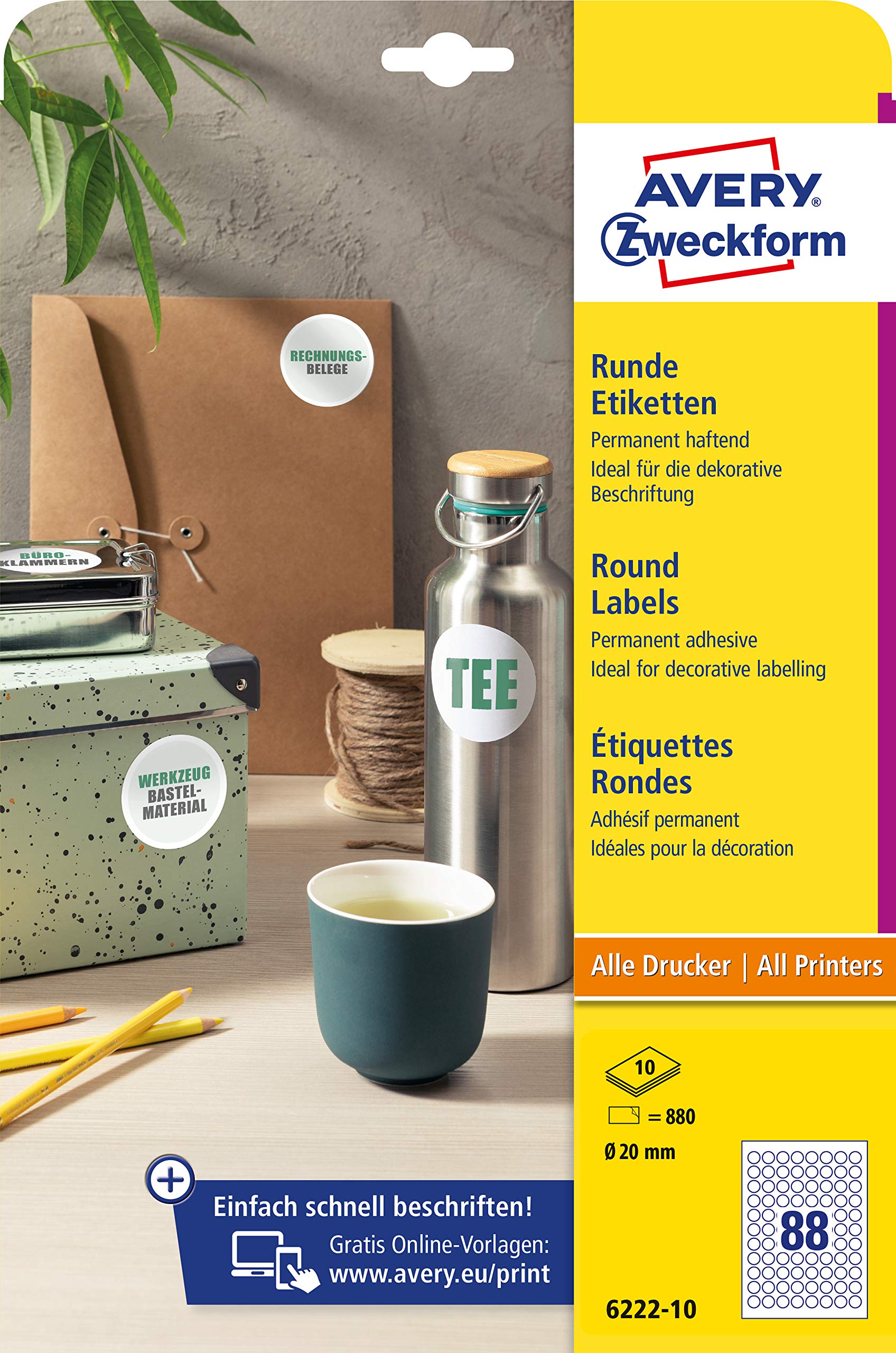 Avery Zweckform 6222-10 Round Labels (880 Adhesive Dots, Diameter 20 mm on A4, Round Stickers for Printing, Self-Adhesive Product Labels, Permanent Adhesive Jam Labels), 10 Sheets, White