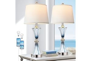 HAMUCD Set of 2 Blue Glass Table Lamps for Bedrooms with 2 USB ports 3-Way Dimmable Touch Coastal Bedside Lamps for Contemporary Style Modern Nightstand Lamps with 2 LED Bulbs for Home Lighting Decoration