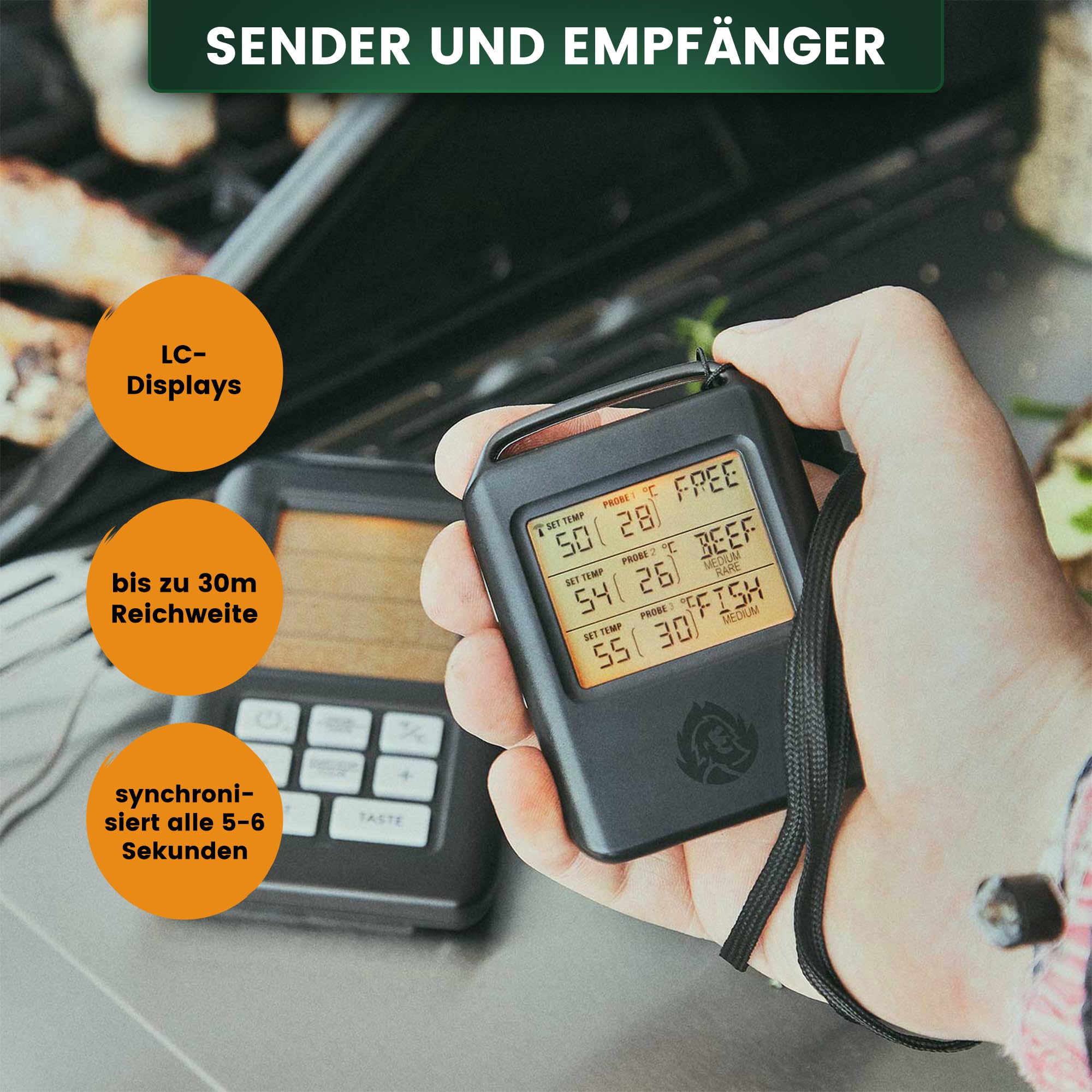 BURNHARD® Funk Grillthermometer mit 4 Temperaturfühlern, 30m Reichweite, Digital Braten-Thermometer für Grill & Backofen, Timer, BBQ Thermometer, Grillzubehör für Fleisch & Fisch 5