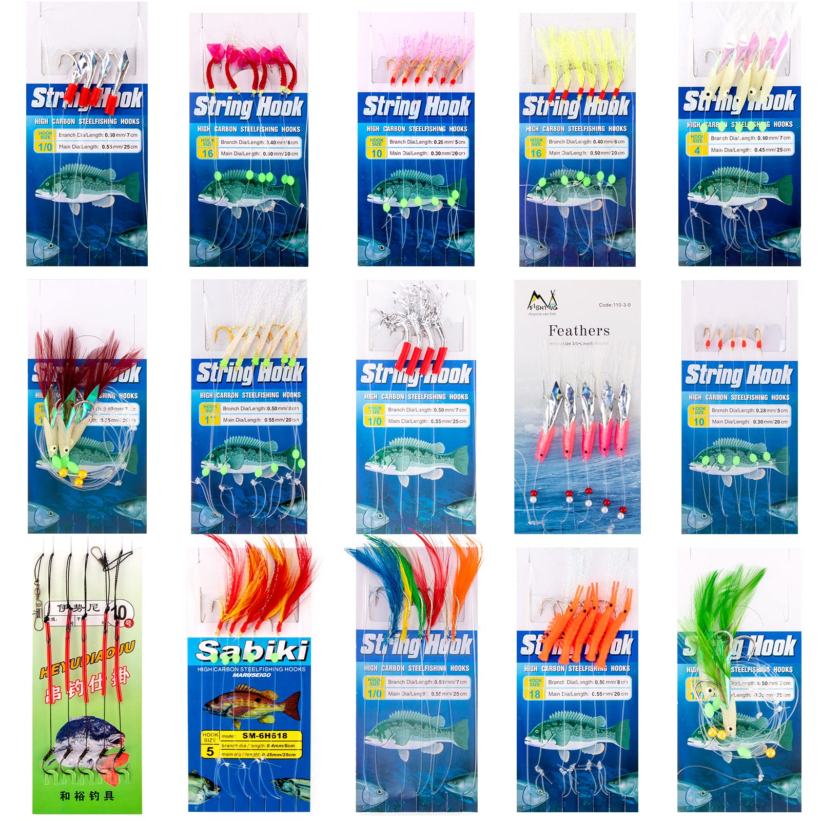 Yoshikawa 15 Packs Mackerel Feathers Pack with Mackerel Bait Hooks Lures Sea Fishing Rigs Tackle Accessories for Summer Species Boat Shore Beach Fishing