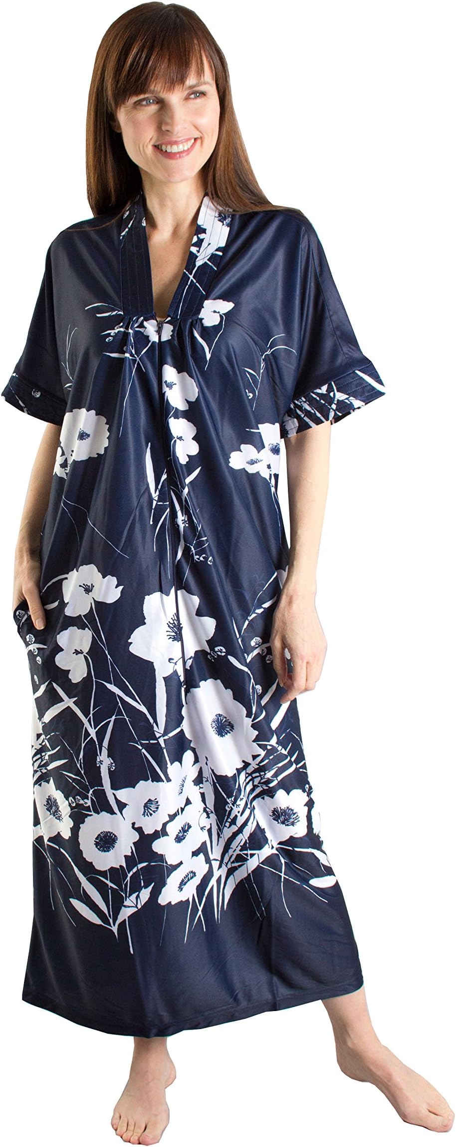 Fashion Friendly Flowing Dark Blue Kaftan with Long Front Zip - Sizes 8-36