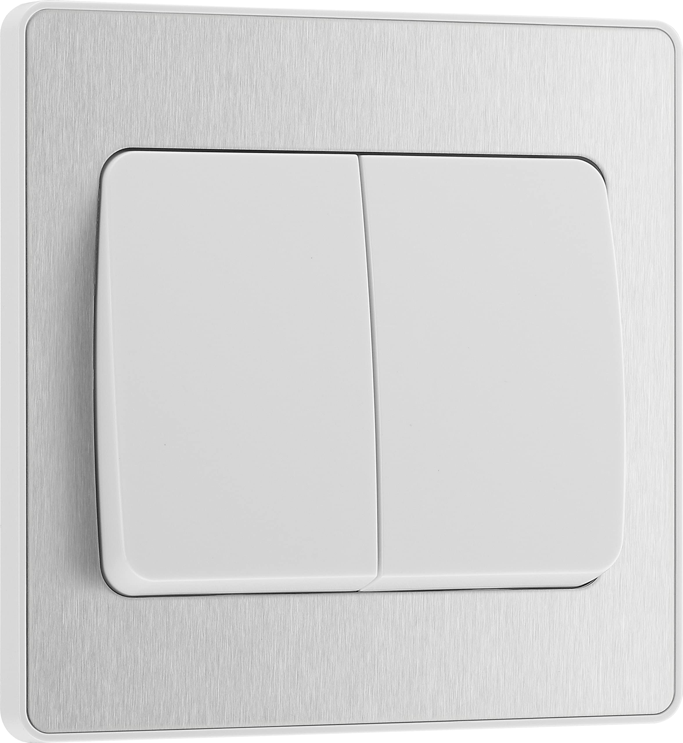 BG Electrical Double Wall Light Switch, Wide Rocker, 2 Way, Screwless Front Plate, Round Edges, Evolve, Brushed Steel, 20A, 16AX, PCDBS42WW — image 1