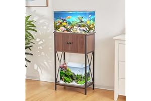 LAQUAL 10 Gallon Fish Tank Stand with Cabinet, Double Aquarium Stand for 10 & 5 Gallon Fish Tank, Heavy Metal Stand with Stable Structure, Adjustable Table Feet & Anti-tilt Device - Walnut Brown