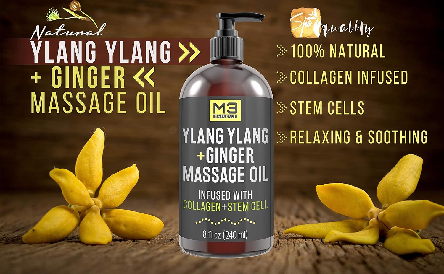 M3 Naturals Ylang Ylang and Ginger Massage Oil Infused with Collagen and Stem Cell - Therapeutic Anti-Cellulite Body Lotion Cream - Essential Oils Deep Tissue Relaxation, Sore Muscle Relief 8 oz : Beauty