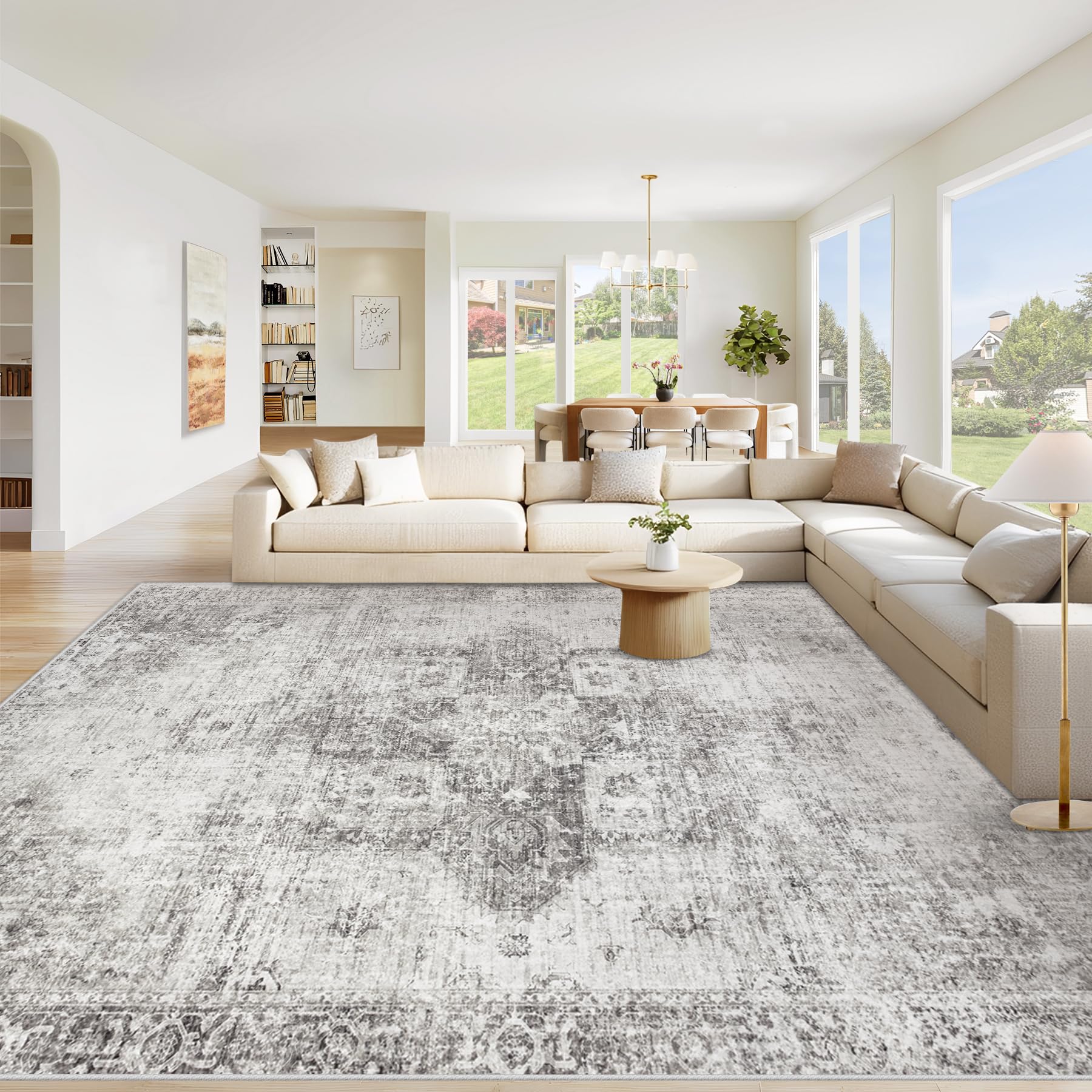 VECARF Area Rug 10x14 Washable Rug, Vintage Boho Medallion Rugs Non-Slip Soft Low Pile Large Distressed Rug Indoor Retro Carpet for Living Room Bedroom Dining Room Home Office (Grey, 10'x14')