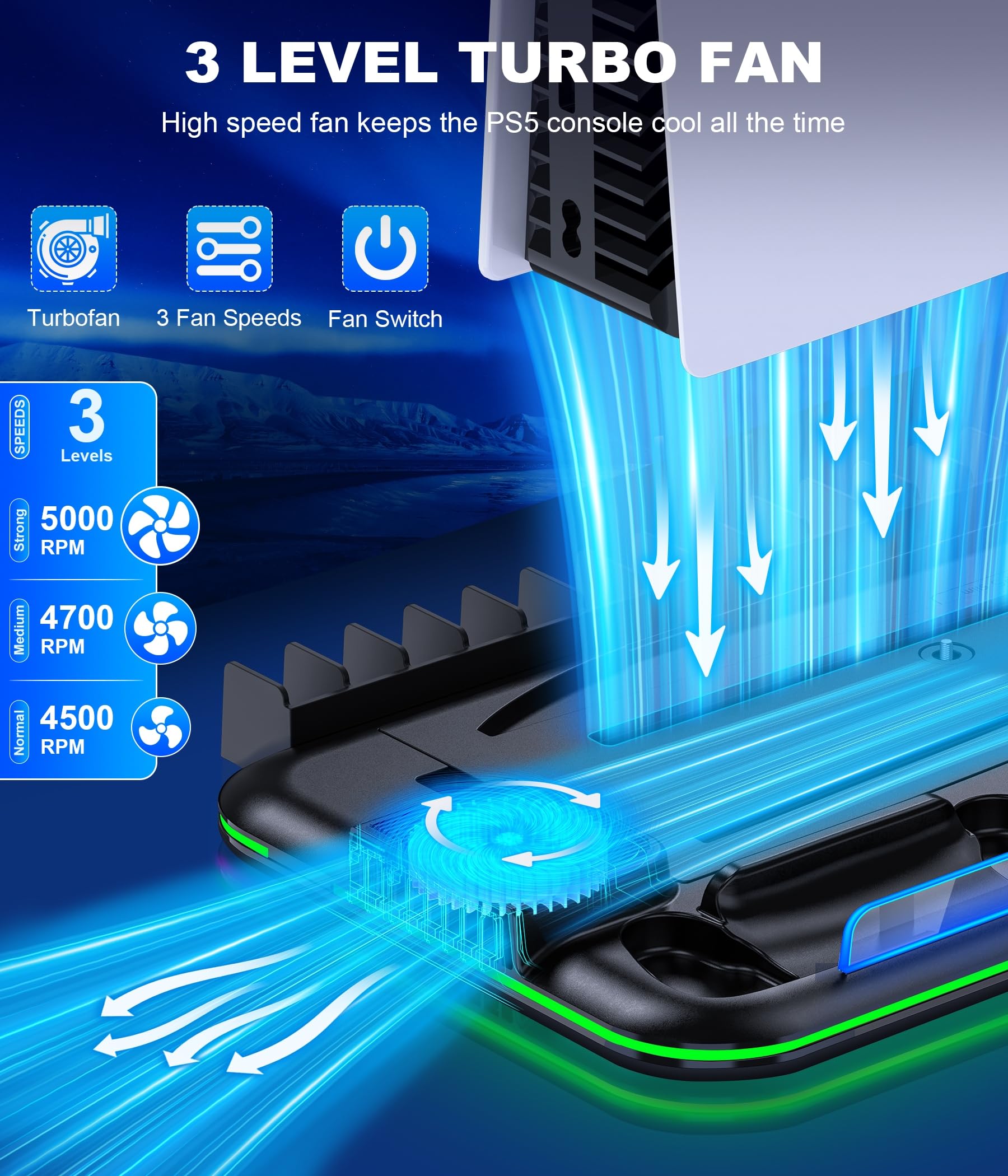PS5/PS5 Slim Stand and Cooling Station with Controller Charging Station for Playsation 5, PS5 Accessories Kit Incl. 3 Levels Cooling Fan, LED, 15 Game Slot, Headset Holder for PS5 Digital/Disc Console