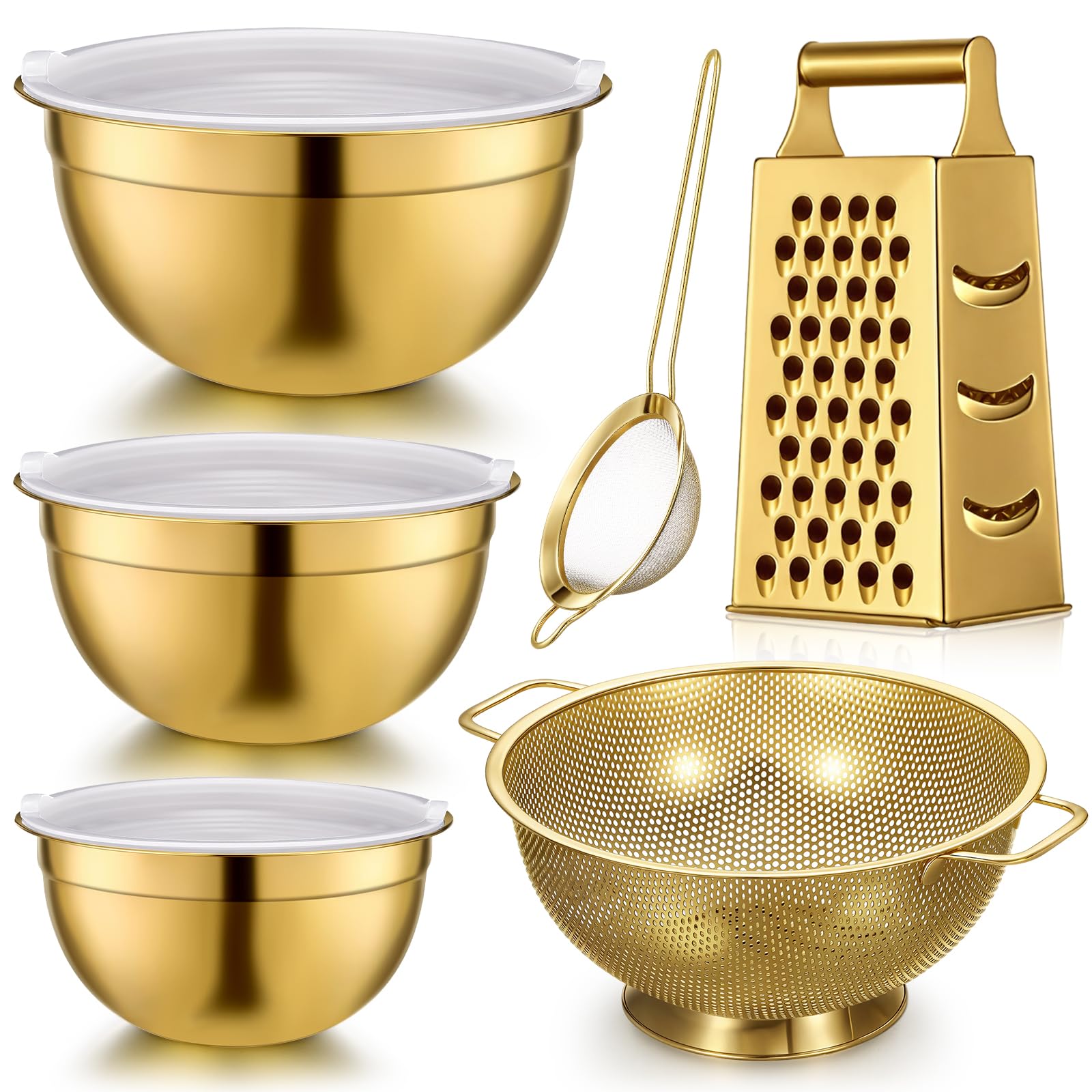 Photo 1 of Baderke 6 Pcs Gold Kitchen Accessories Set Includes 3 Gold Mixing Bowls with Airtight Lids Stainless Steel Colander Grater Slicer and Fine Mesh Strainer(Mixing Bowls: 2.8/3.7/5 Qt, Colander: 4 Qt)