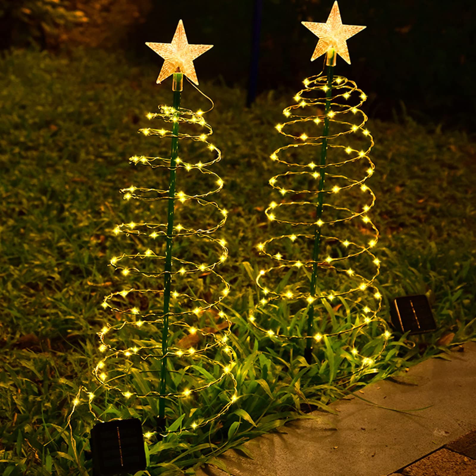 3FT Solar LED Christmas Tree Decoration, Spiral Christmas Tree Topper Star Light Waterproof, Garden Luminous String Light for Pathway Lawn Patio Lawn Parterre Outside Decor (Warm Light)