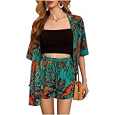 MakeMeChic Women's Boho 2 Piece Outfits Tropical Open Front Kimono Blouse and Shorts Set