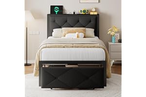 Einhomn Twin Bed Frame with Storage Drawer, Metal Platform Bed with Charging Station, Upholstered Button Tufted Storage Headboard, No Box Spring Needed, Noise-Free, Easy Assembly, Black