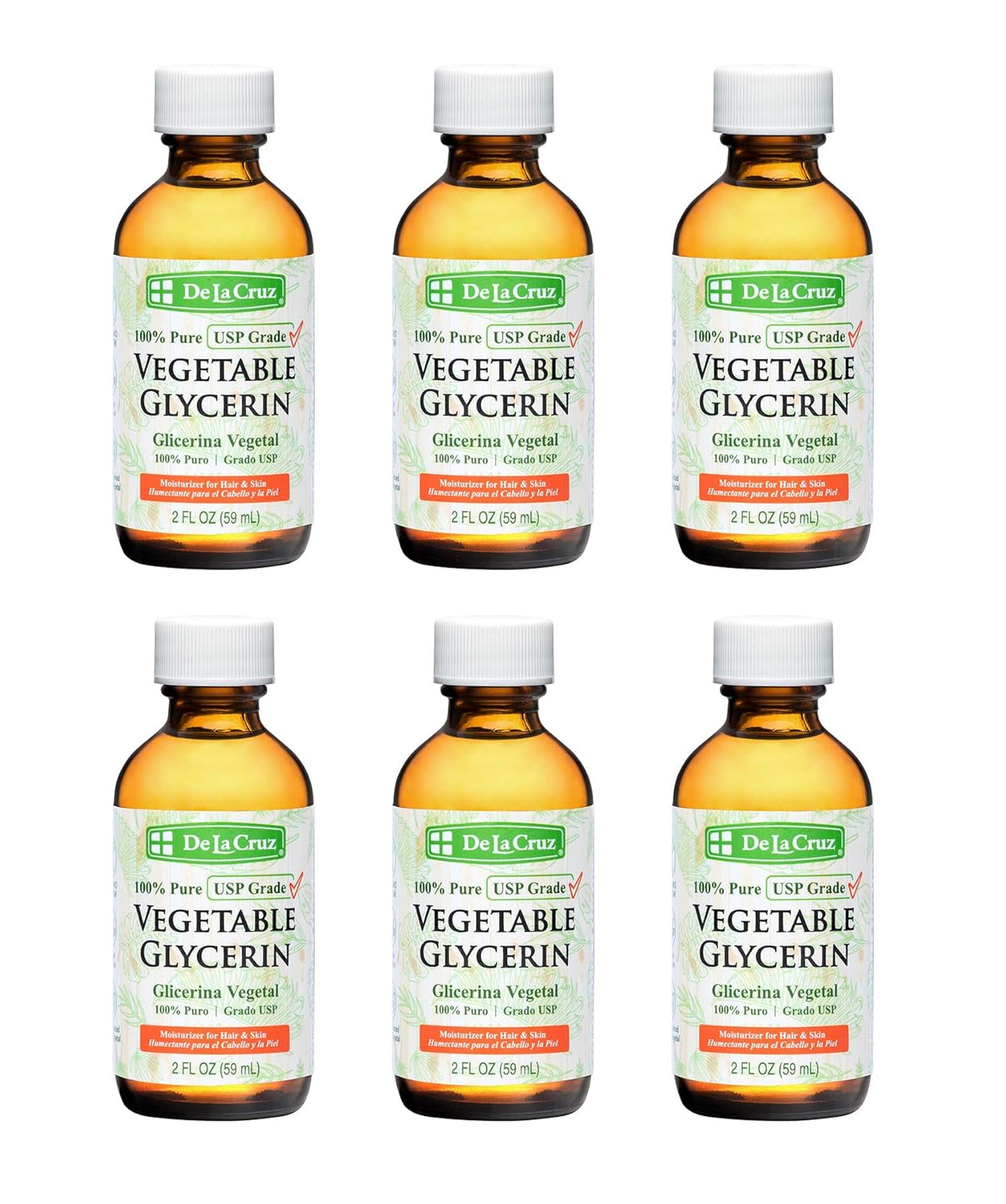 De La Cruz Pure Vegetable Glycerin, Non-GMO, USP Grade, Bottled in USA 2 FL. OZ. (6 Bottles)