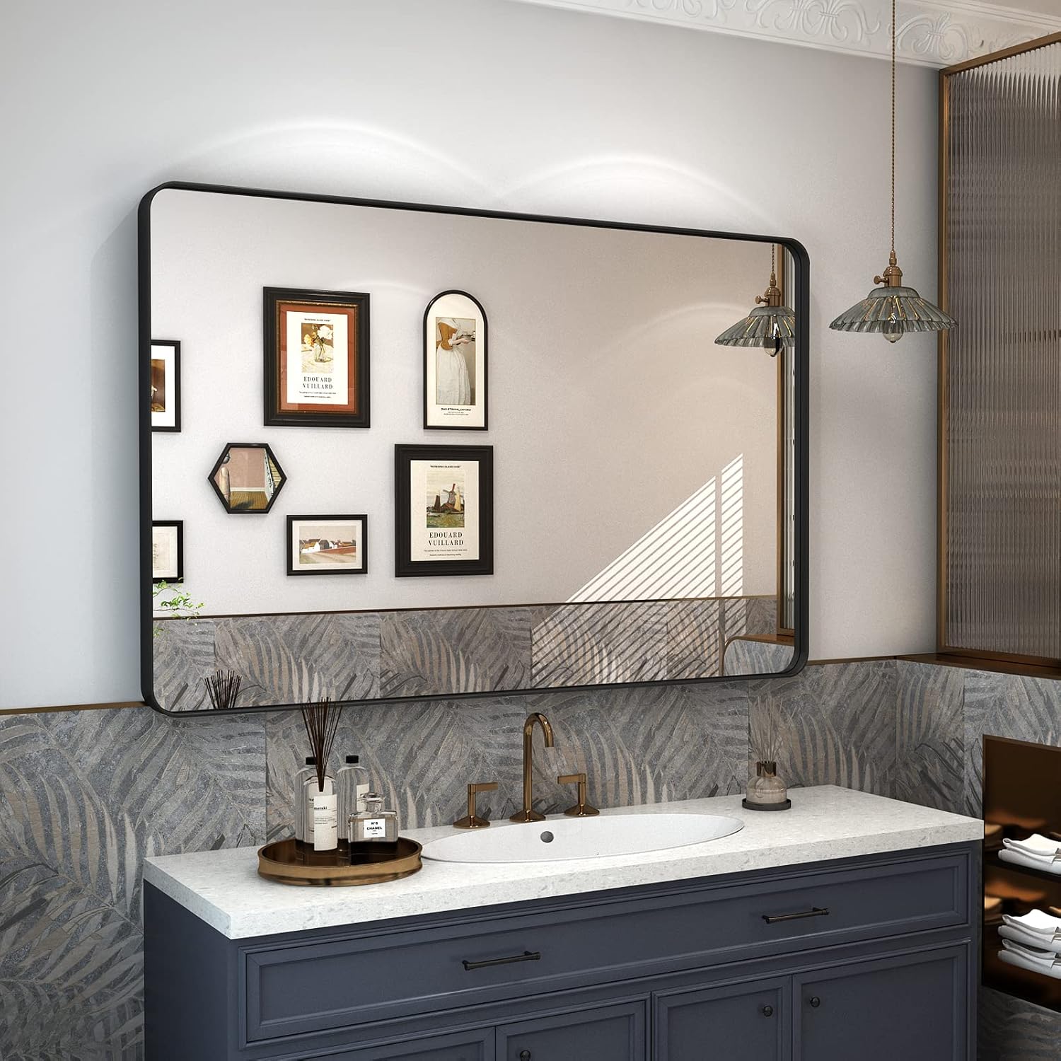 Mirrors - CHARMOR 48X32 Inch Black Framed Mirror for Wall, Matte Black Bathroom Rectangle Mirror, Rounded Corner, Shatterproof (Horizontal/ Vertical)