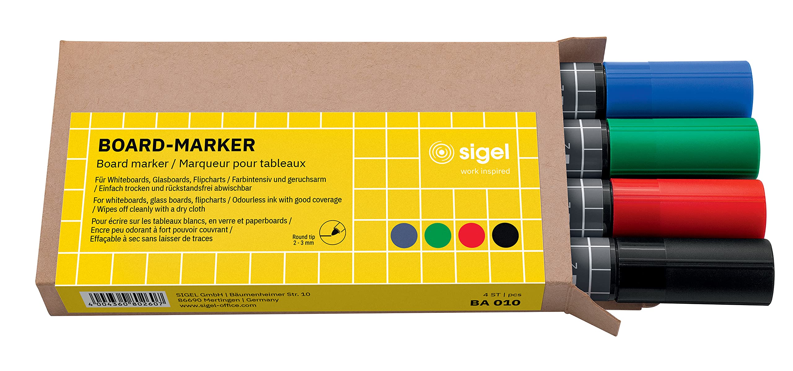 SIGEL BA010 Set of 4 Glass / WhiteBoard markers, erasable, "cap off" ink, Ø 2-3 mm bullet tips, 4 colors (Black / Red / Green / Blue)