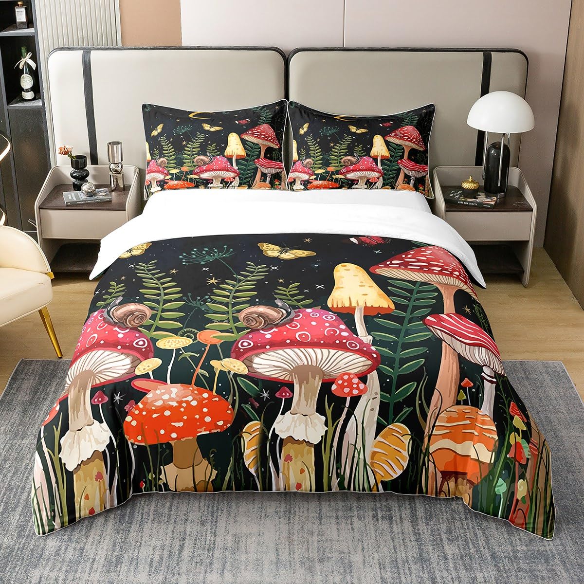 Loussiesd Kids Mushroom Bed Cover 100% Cotton Set Natural Wild Fungus 100% Bed Set for Kids Botanical Plants Butterfly 100% Bed Set with 2 Pillowcases Super King Size Zipper