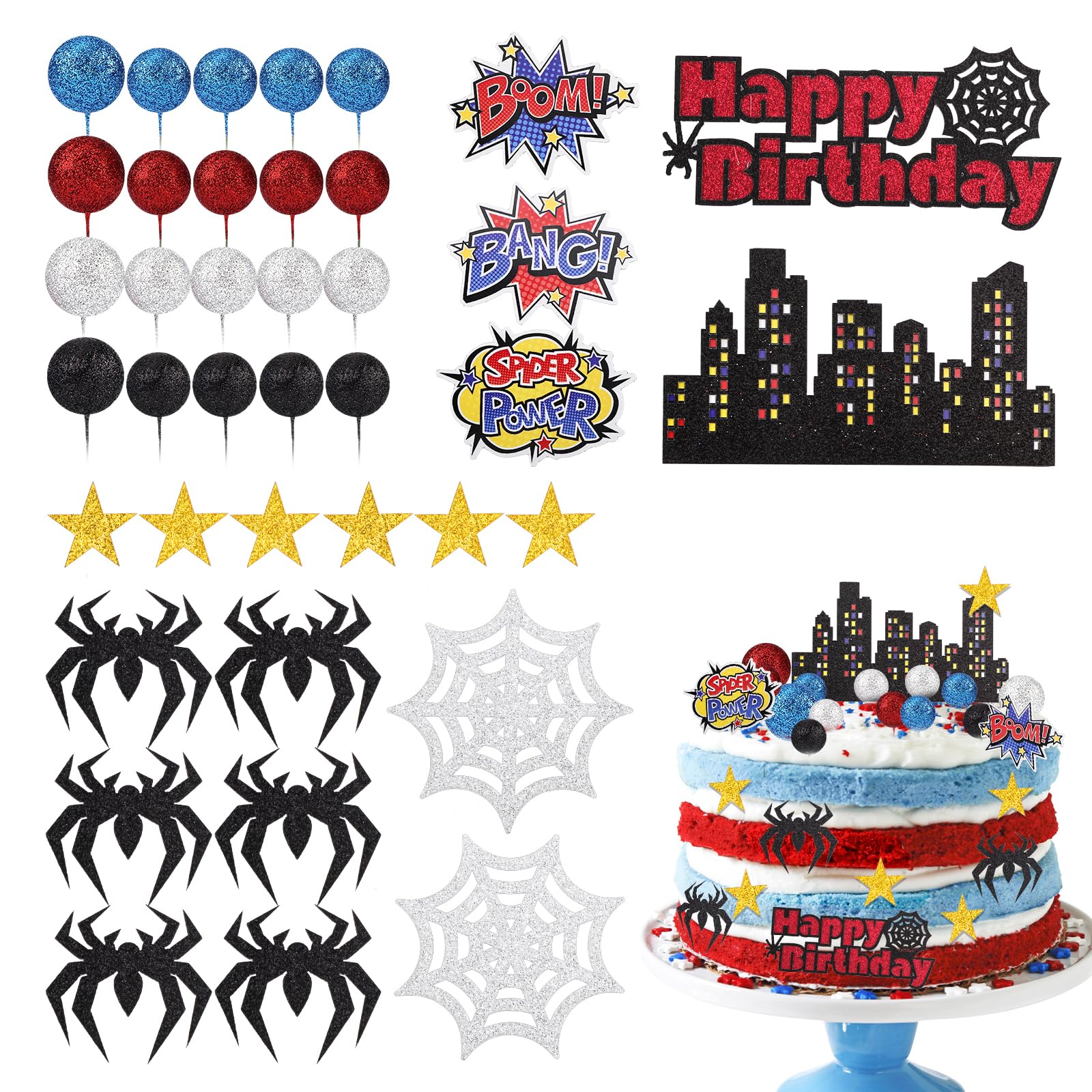 Photo 1 of 38pcs Spider Theme Cake Toppers, Spider Cake Decorations Foam Balls Happy Birthday Spider Web Decorations for Boys Men Birthday Baby Shower Spider Theme Parties