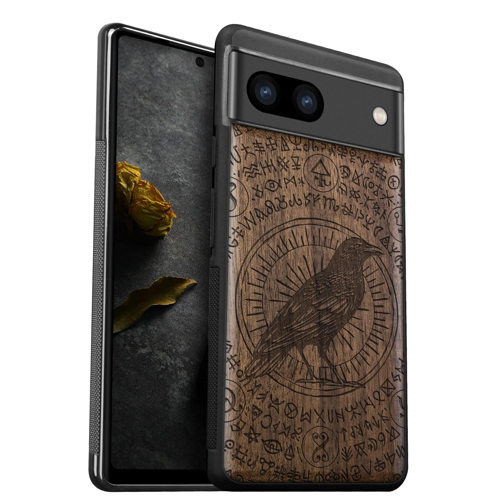 Carveit Wood Case for Pixel 8a - Natural Walnut & Black TPU Shockproof Protective Cover - The Haloed Crow