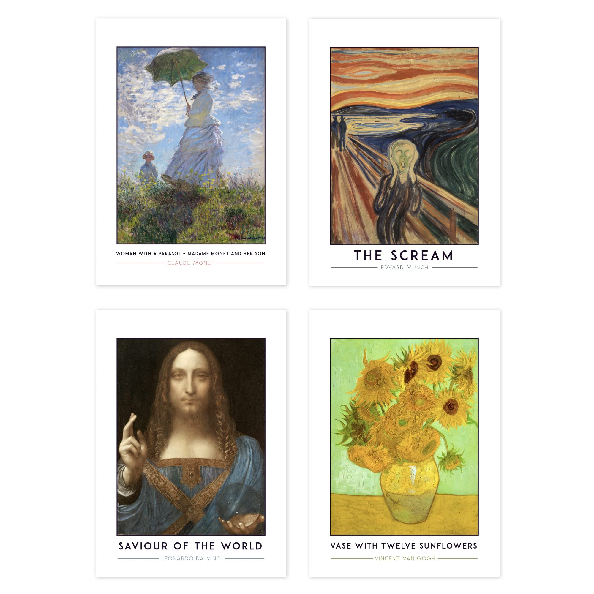 Wee Blue Coo Classic Paintings Monet Woman Parasol Munch Scream Da Vinci Jesus Saviour World Salvator Mundi Van Gogh Twelve Sunflowers A4 Poster Pack of 4 Wall Art