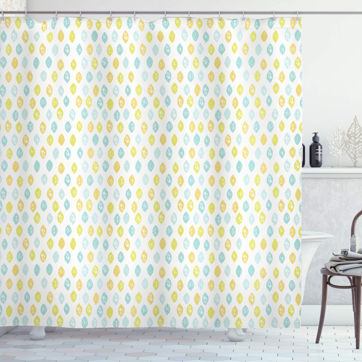 ABAKUHAUS Yellow and Blue Shower Curtain, Hand Drawn Shapes Sketch Style Simplistic Abstract Art, Cloth Fabric Bathroom Decor Set with Hooks, 175 x 200 cm, Earth Yellow Light Blue