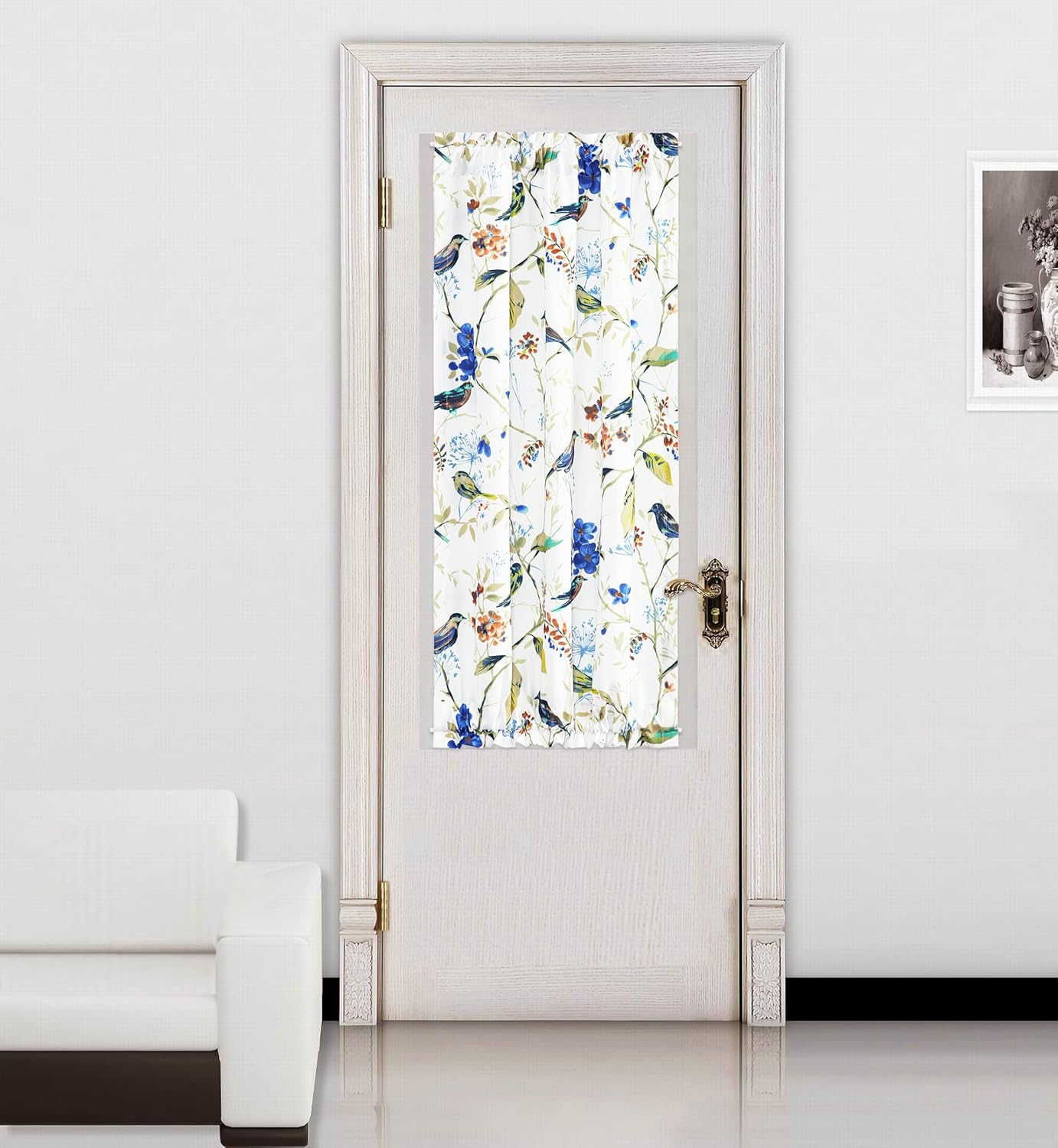 Outdoor Curtains - VOGOL Blue Print French Door Panel, Natural Birds & Flowers Design Classic Drapes for Glass Door Patio Front Door, 40 Inches Long Door Curtain with Tieback, 1 Piece