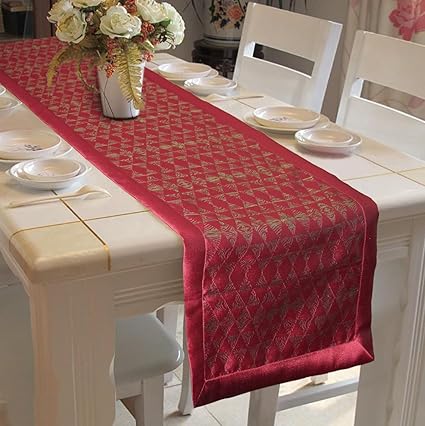Lushomes Red Jacquard Design 3 Table Runner Polyester Border (Size: 16x72), Single Piece