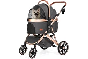 SWITTE Dog Stroller for Small Medium Dogs Cats with Detachable Basket, 3 in1 4 Wheels Pet Travel Jogger Puppies Kitties Stroller-Gold Grey