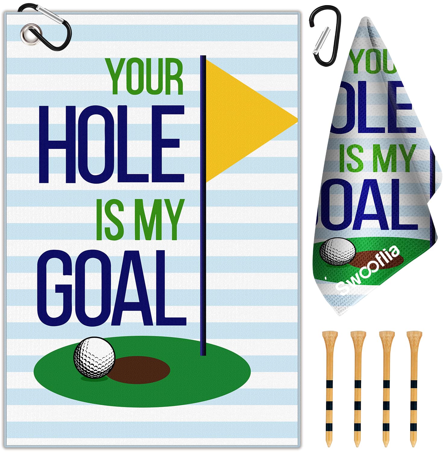 OffiEase Golf Towel With Clip For Golf Club Bags For Men Women Golfers Accessories, Blue Funny Hole Goal Microfiber Large Golfing Rag With 4 PCS Golf Tees