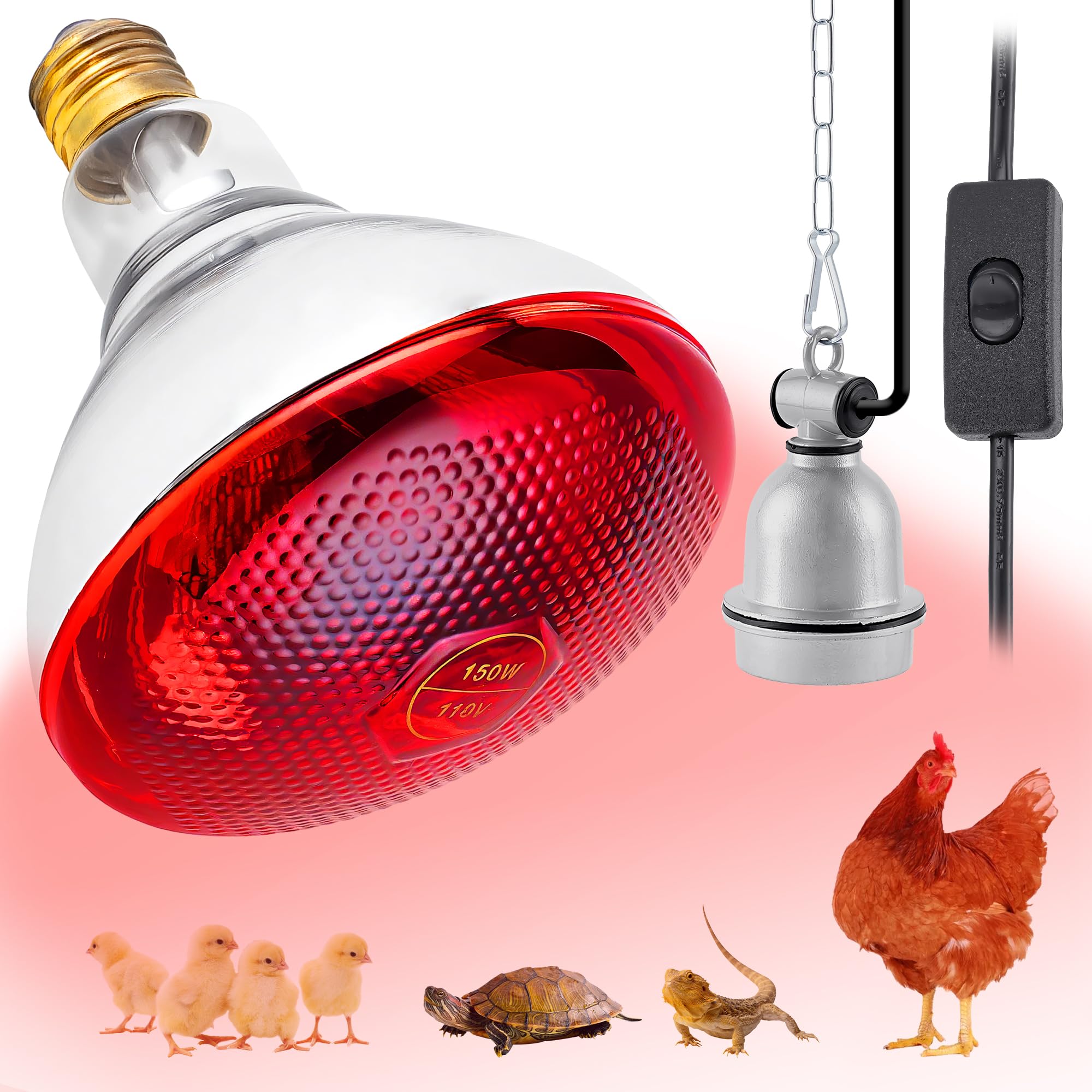 Photo 1 of Leadinor Heat Lamp Bulb for Chickens, Red Heat Lamp Infrared Light Bulb with Power Cord Hanging Chain for Chicks