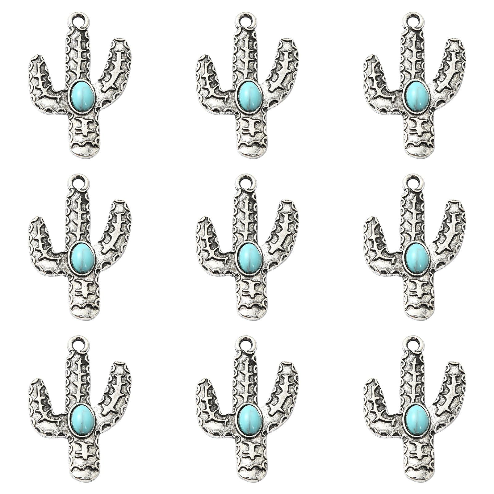 Stiesy 20Pcs Tibetan Cactus Charms Antique Silver Cacti Turquoise Charm Vintage Desert Plant Pendants Charms Bulk for Jewellry Making Bracelet Necklace Crafts Earring Keychain DIY