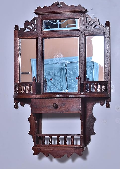 Anjana decor fruniture Sheesham Wood Melamine Finish Mirror Frame with Anything Holder Stand (24X6X38-inch, Brown Walnut)