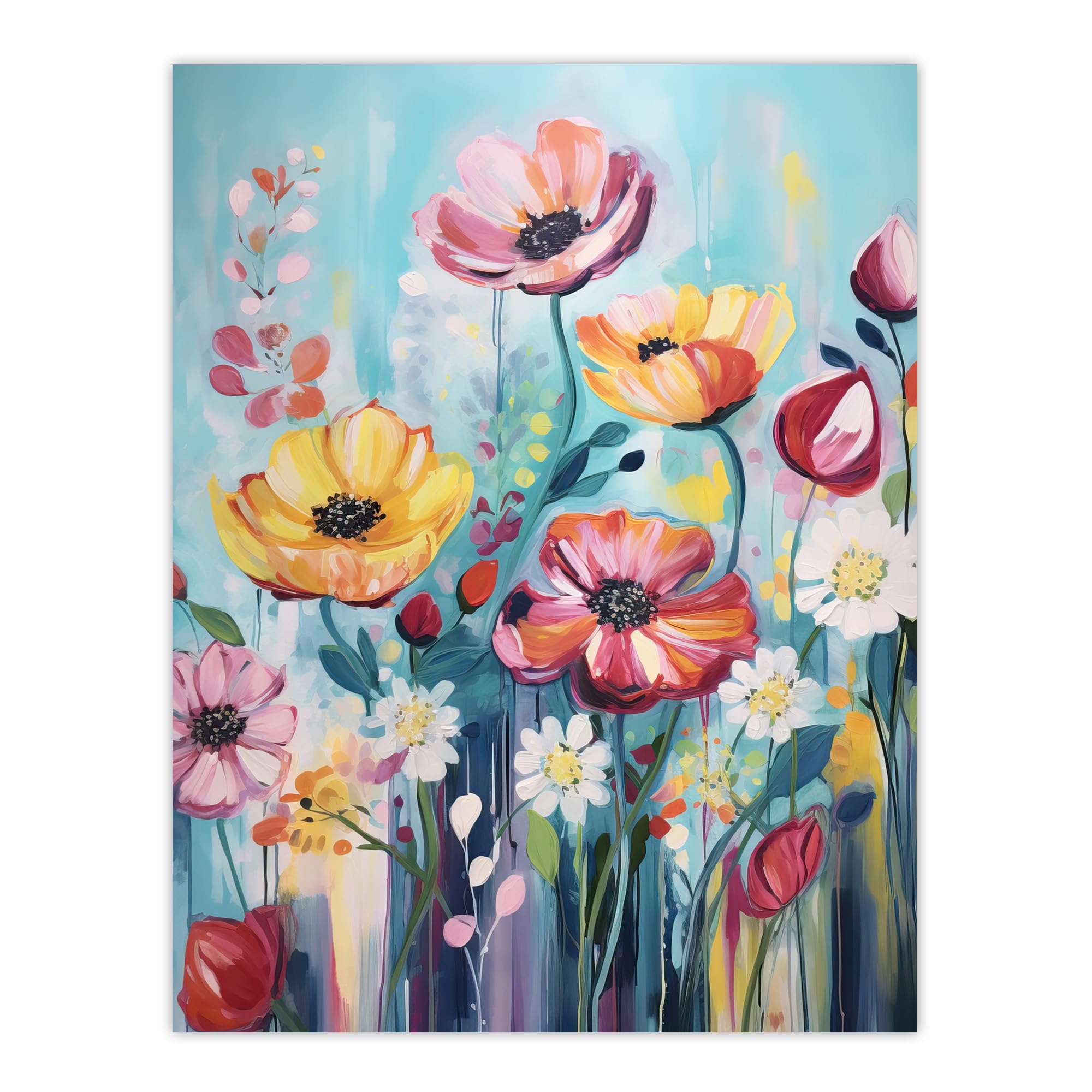 Artery8 Teal Pink Yellow Flowers Elegant Watercolour Artwork Wildflower Meadow Extra Large XL Wall Art Poster Print