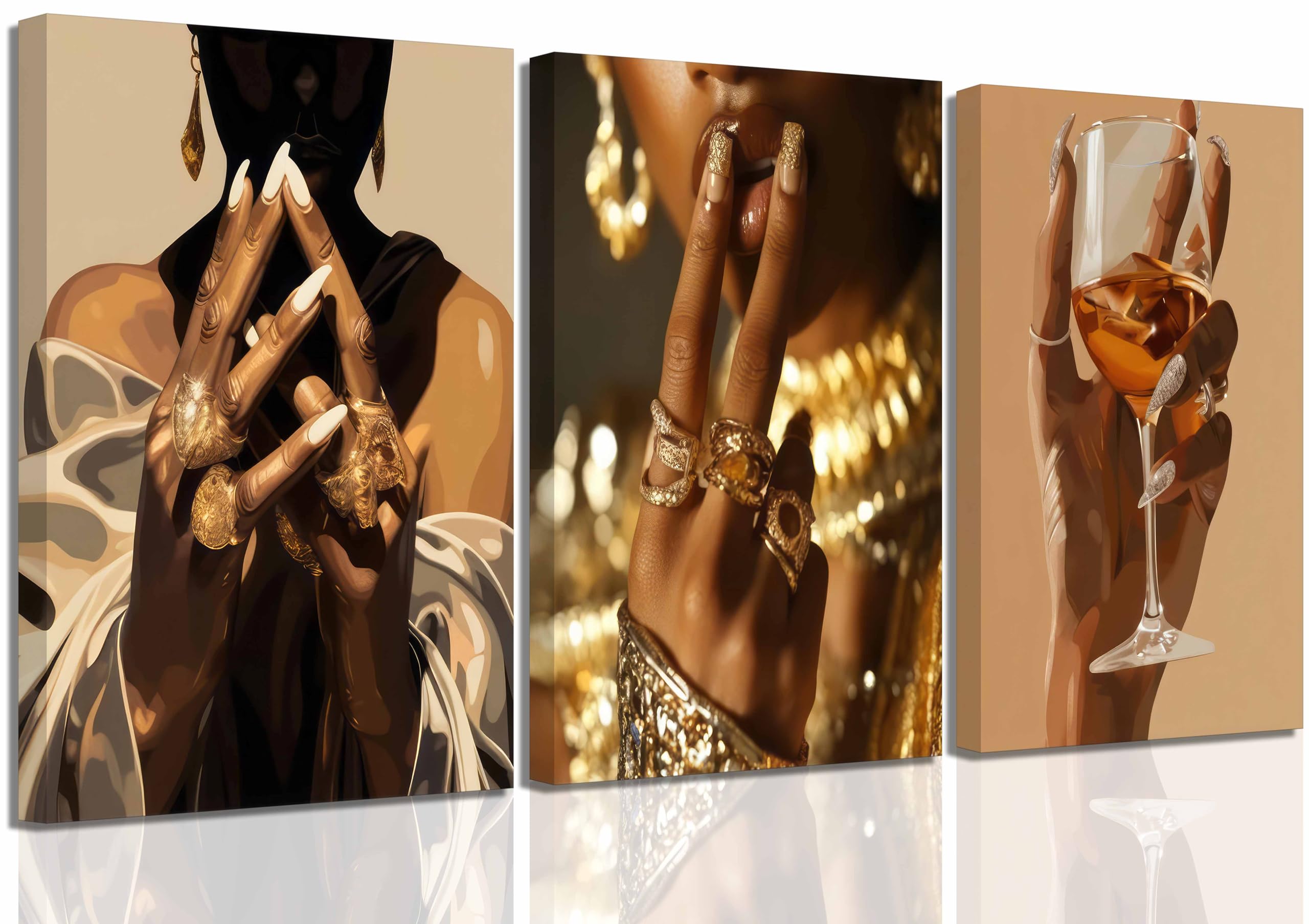 Photo 1 of 3 Pcs African American Woman Canvas Wall Art Fashion Afrocentric Black Girl Grilling Melanin Pictures Wall Decor Wine Trend Bar Cart Poster Print Artwork for Woman Bedroom Girl Room Home Decor