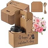 30 Set 2/4 Cups Drink Carrier with Handle, 12-30 oz Kraft Paperboard Coffee Cup Holder for Cold Hot Drinks, Takeout Beverage Delivery for Valentine(Valentine Style,7 x 3 x 9 Inch,Brown)