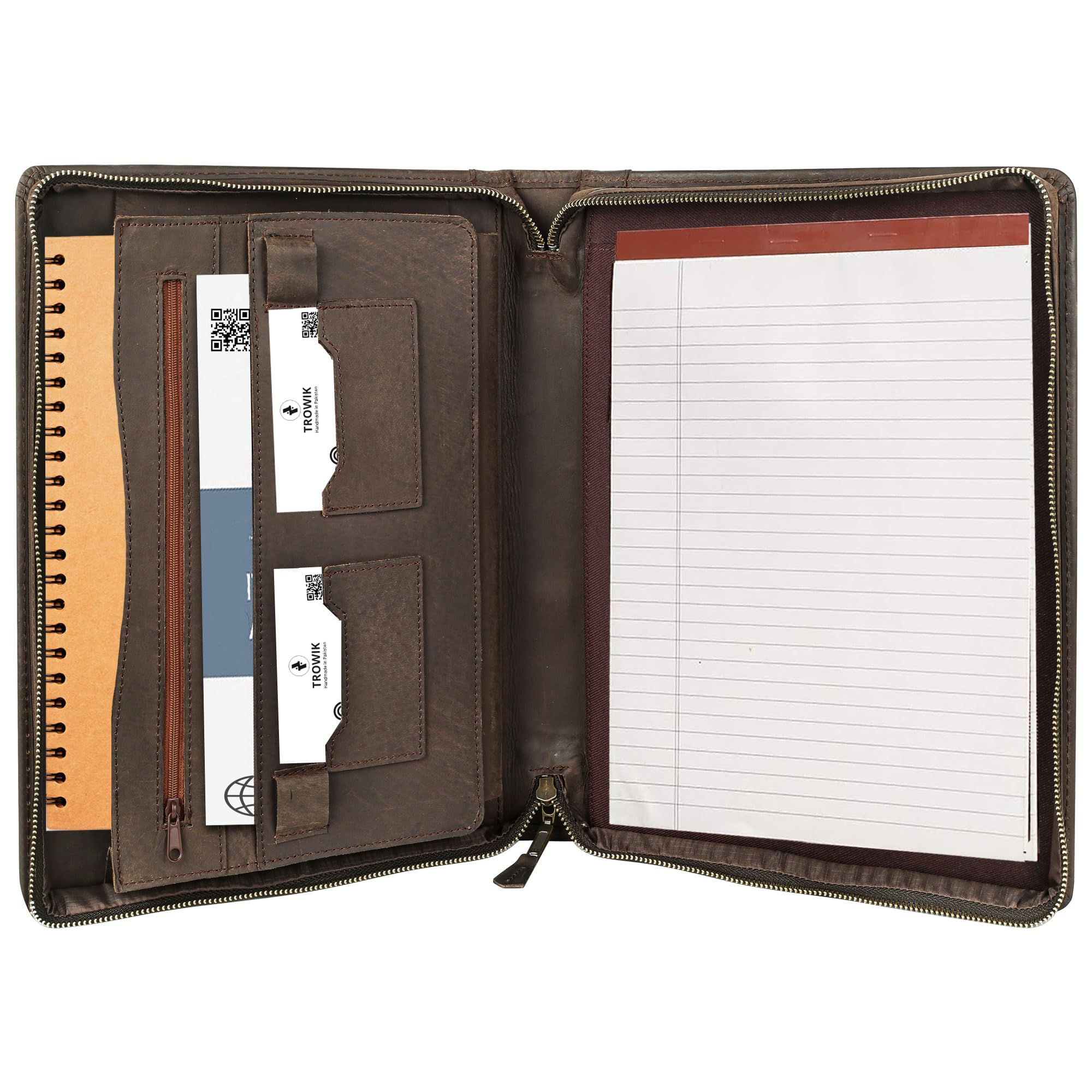 Trowik Leather Portfolio with Zipper Document Organiser Conference Folder Padfolio Folio Case Business Resume Legal Pad Portfolio Notebook Binder for A4/Pad, Leather Folio Folder, Brown